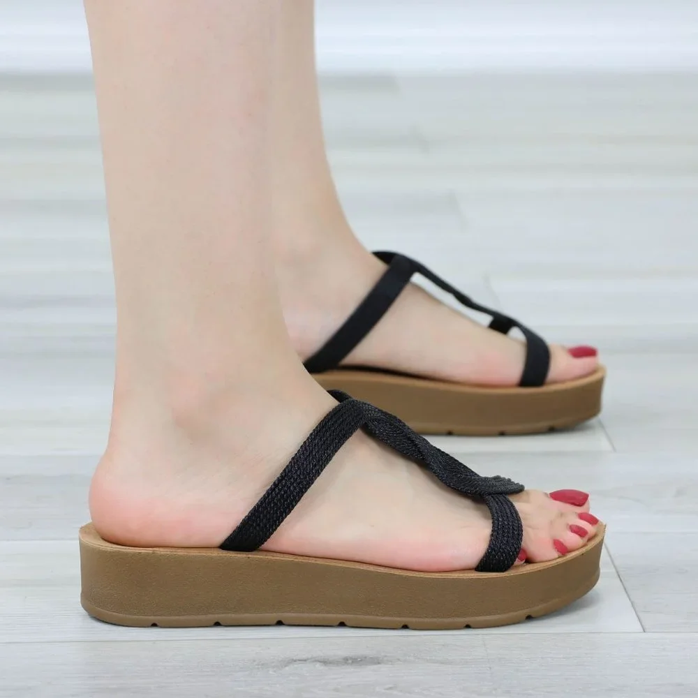 Black Women's T-Strap Gladiator Comfort Sandal Slip On Sliders Fabric Straps - Picture 10 of 11